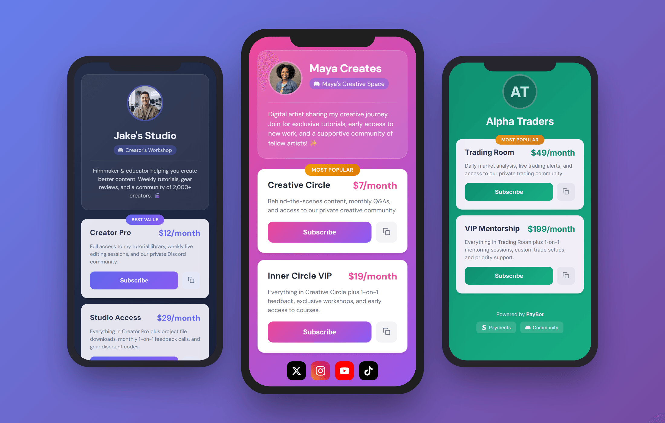 PayBot portal pages - Link in bio style checkout pages with different themes