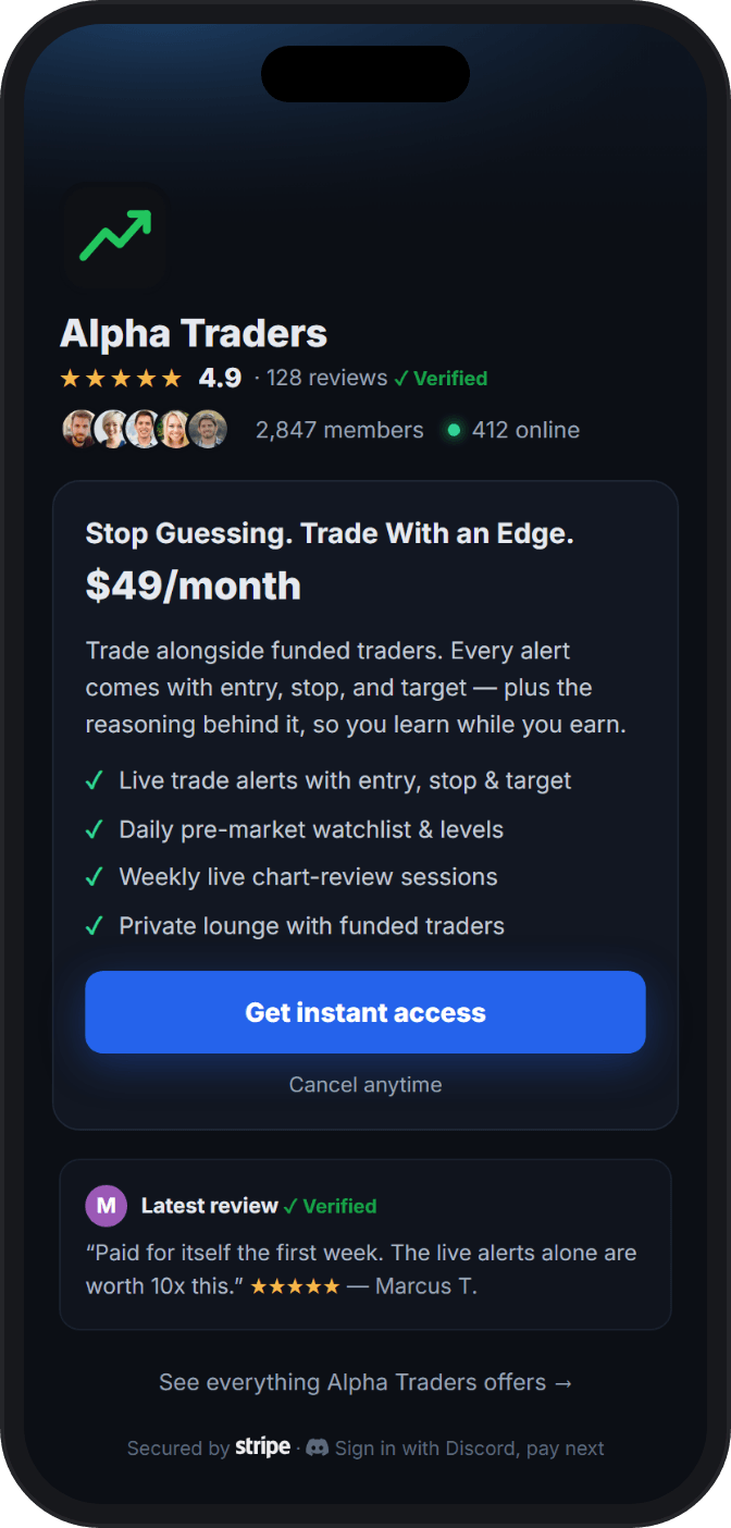 Commerce template — a trading community's bold payment page with social proof and live member counts