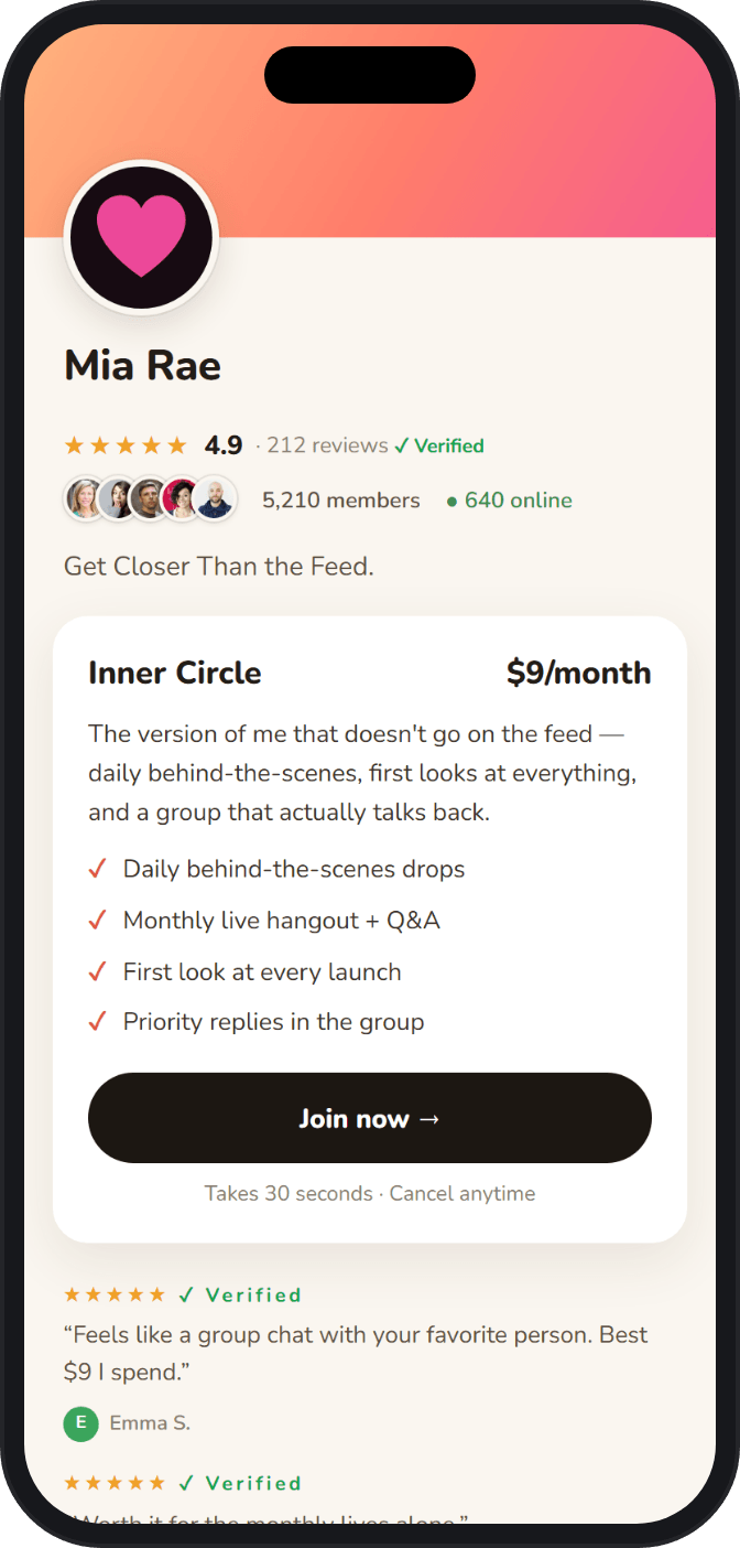 Storefront template — a creator's warm storefront payment page with verified reviews