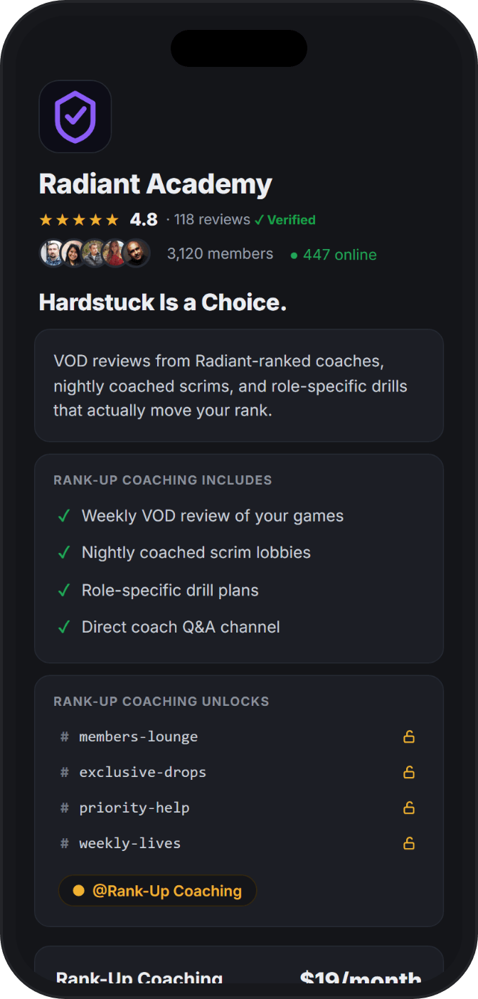 Unlock template — a gaming academy's Discord-native payment page showing the locked channels a buyer gets